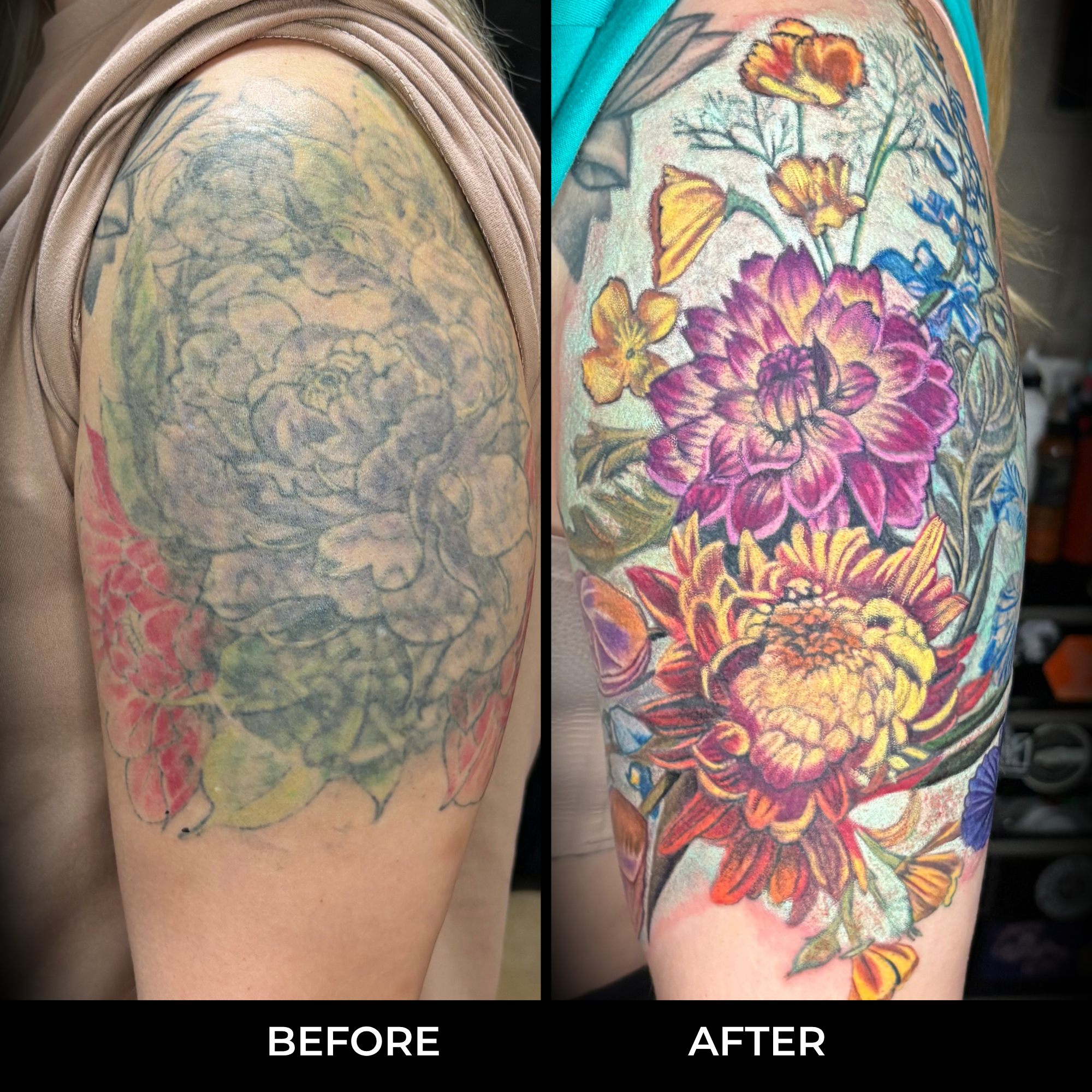 floral before and after coverup flower cover-up color realism cover up tattoo